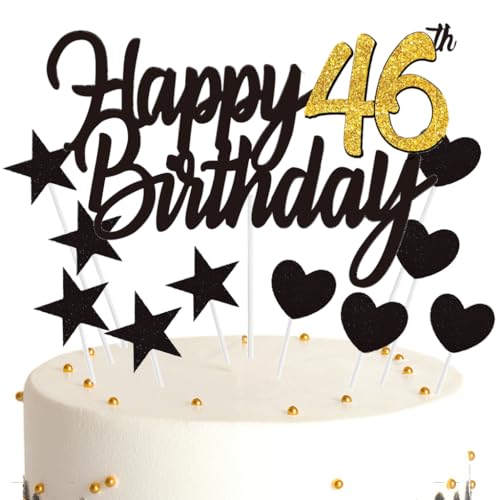 Ouceanwin Tortendeko für 46. Geburtstag Frau Mann, Cake Topper Happy 46th Birthday Deko Schwarz Gold, Glitzer Kuchendeko 46 Jahre 46. Geburtstag Frauen Männer von Ouceanwin