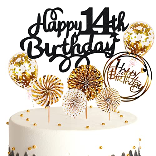 Ouceanwin Tortendeko Geburtstag 14 Mädchen, Glitter Kuchendeko 14. Geburtstag Junge Kuchen Topper 14 Geburtstag Deko Cake Topper Happy Birthday Schwarz Gold für 14 Jahre Kinder Geburtstagstorte Deko von Ouceanwin