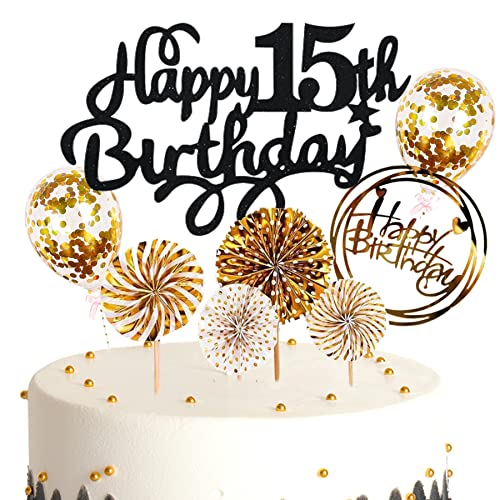 Ouceanwin Tortendeko Geburtstag 15 Mädchen, Glitter Kuchendeko 15. Geburtstag Junge Kuchen Topper 15 Geburtstag Deko Cake Topper Happy Birthday Schwarz Gold für 15 Jahre Kinder Geburtstagstorte Deko von Ouceanwin