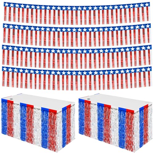Oudain Dekorationen zum 4. Juli, patriotisch, gewellt, metallische Lametta-Folie, Fransen-Tischröcke, 4 Stück, rot-weiße und blaue Fransenbanner für Gedenktag, Arbeitstag, Veteranentag Oudain Dekorationen zum 4. Juli, patriotisch, gewellt, metallische Lametta-Folie, Fransen-Tischröcke, 4 Stück, rot-weiße und blaue Fransenbanner für Gedenktag, Arbeitstag, Veteranentag von Oudain