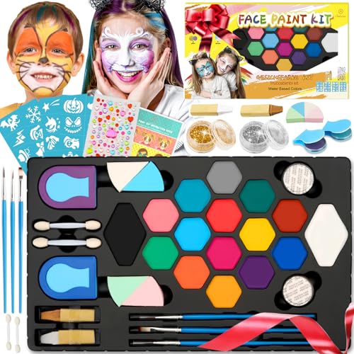 Kinderschminke Fasching, Karnevalsschminke Set Mädchen, 16+2 Große Professionelle Schminkfarben mit Haarkreide, Glitzer, 116 Strasssteine, 32 Schablonen - Kinder Schminke Geschenk für Karneval, Party von Oukzon