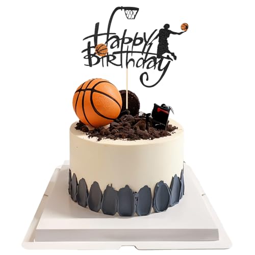 Ouligay 1 Stück Basketball Cake Topper Geburtstag Schwarz Happy Birthday Tortendeko Geburtstag Kuchen Deko Happy Birthday Kuchendeko Basketballspieler Kuchendekorationen für Sport Thema Junge Mädchen von Ouligay