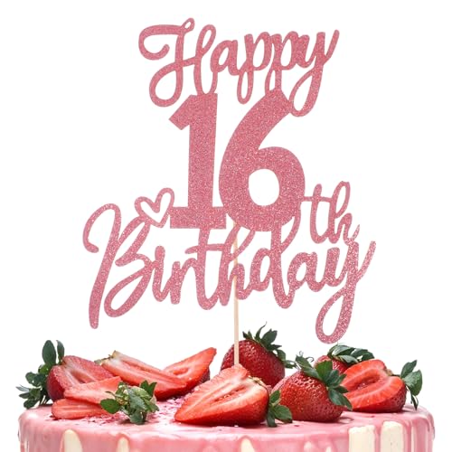 Ouligay 1 Stück Glitzer Happy 16th Birthday Cake Topper 16 Geburstag Deko, Kuchen Deko 16 Geburtstag Junge Mädchen Tortendeko 16. Geburtstag-Deko für Geburtstags Hauspartys Jahre Party Roségold von Ouligay