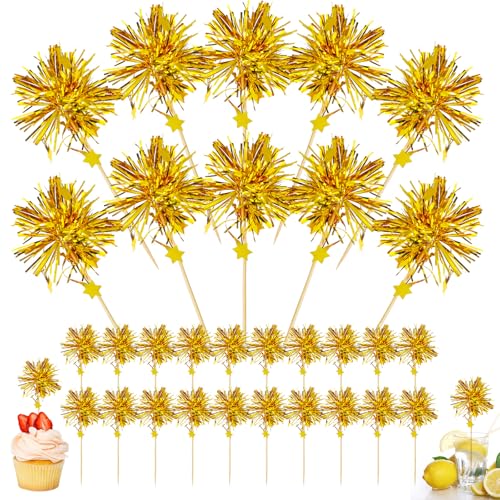 Ouligay 30 Stück Tortendeko Feuerwerk Cocktail Deko, Folien Feuerwerk Cupcake Topper Gold Kuchen Deko Geburtstag für Obst Snacks Party Hochzeit Weihnachtsdekoration Tortendeko Happy Birthday von Ouligay