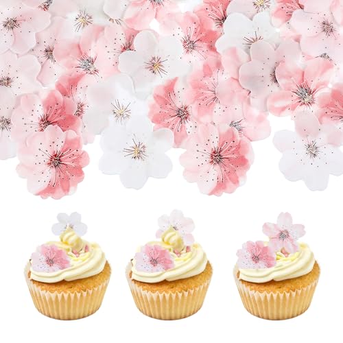 Ouligay 50 Stück Kirschblüten Tortendeko Essbar Rosa Essbare Blumen für Torte Esspapier Tortendeko Kirschblüte Muffin Deko Kuchen Deko Essbare Blüten Cupcake Topper für Hochzeit Geburtstag Jubiläum von Ouligay