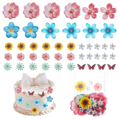 Ouligay 55 Stück Essbare Tortendeko Blumen Schmetterling Essbare Blumen für Torte Blume Esspapier Tortendeko Kuchen Deko Mädchen Schmetterlinge Muffin Deko für Hochzeit Geburtstag Babyparty Taufe von Ouligay