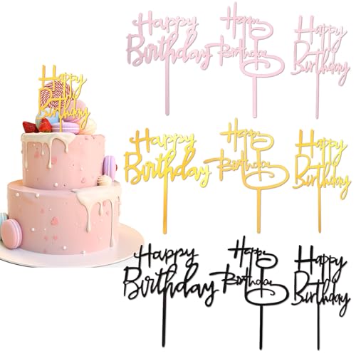 Ouligay 9 Stück Gold Happy Birthday Tortendeko Rosa Schwarz Cake Topper Geburtstag Acryl Tortendeko Geburtstag, Happy Birthday Cake Topper für Mädchen Junge Mann Babyparty Jubiläen Party Dekoration von Ouligay