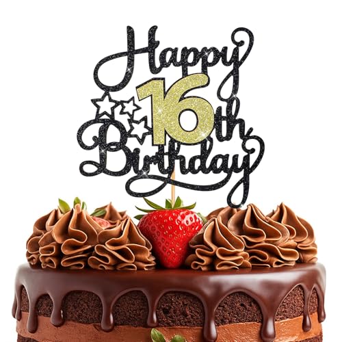 Ouligay Tortendeko 16. Geburtstag Junge Mädchen Happy 16th Birthday Tortendeko Sterne Gold Schwarz Kuchen Deko 16th Geburtstag Kuchendeko Cake Topper Tortenaufsätze für 16 Geburstagstorte Deko von Ouligay