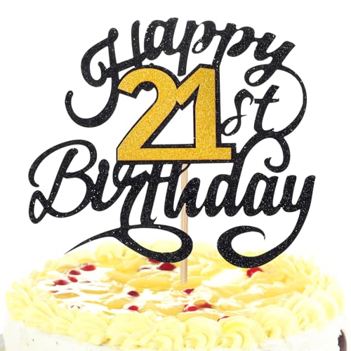 Ouligay Tortendeko 21. Geburtstag Junge Mädchen Happy 21th Birthday Tortendeko Sterne Gold Schwarz Kuchen Deko 21th Geburtstag Kuchendeko Cake Topper Tortenaufsätze für 21 Geburstagstorte Deko von Ouligay