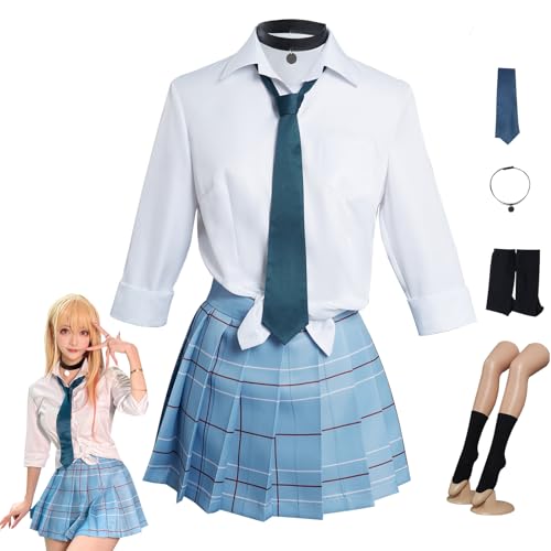 Oumelfs Japanisches Uniform-Kostüm für Damen, Anime, Cosplay, Hemd, Rock, Krawatte, Socken, Halskette, Zubehör, Anzüge (weiß und blau, klein) von Oumelfs