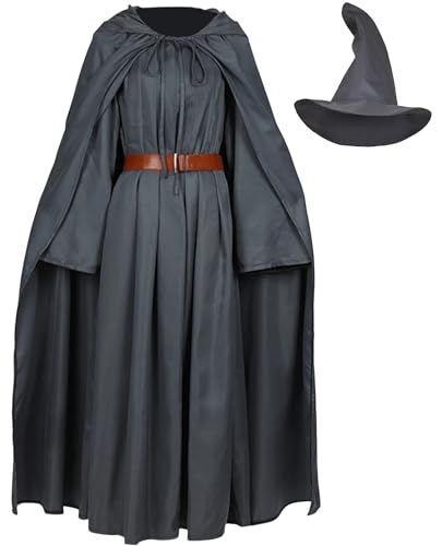 Oumelfs Zauberer-Kostüm für Erwachsene, Hexe, Cosplay, Outfit, Robe, Umhang, Hut, Gürtel, Zubehör, Umhang, Requisite (Grau, Größe XXL) von Oumelfs