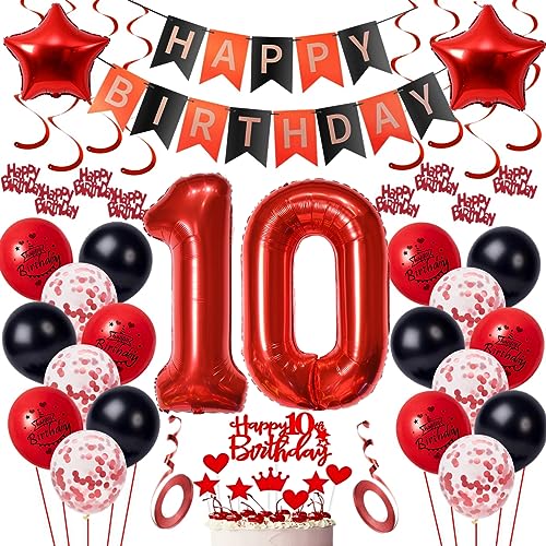 10 Geburtstag Deko Mädchen Geburtstagsdeko 10 Junge Rot Schwarz Deko 10 Geburtstag Luftballon Zahlen 10 Rot 10 Geburtstags ballon für Junge Mädchen Party Rot Luftballon 10 Jahr Geburtstagdeko von Oumezon