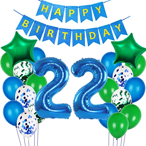 22. Geburtstag Dekoration, Luftballon 22. Geburtstag Junge, Geburtstagsdeko Jungen 22. Blau und Grün, Geburtstagsdeko 22 Jahr, Deko 22. Geburtstag Junge Mädchen, Folienballon 22 jahr von Oumezon