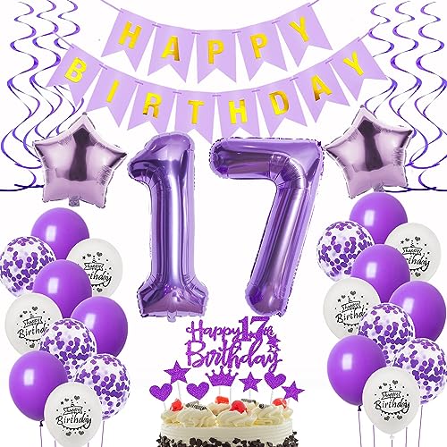 Deko 17. Geburtstag Mädchen - Luftballons, Folienballon, Tortendeko in Lila und Violett von Oumezon