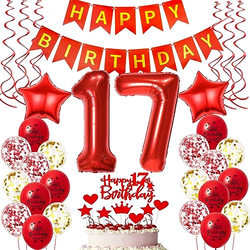 Oumezon 17. Geburtstag Mädchen Rot Dekoration Set: 25 Stück, Rot, Ballon, Partydekoration, Hochzeit, Geburtstag, Mädchen (17 Jahre), weiblich von Oumezon