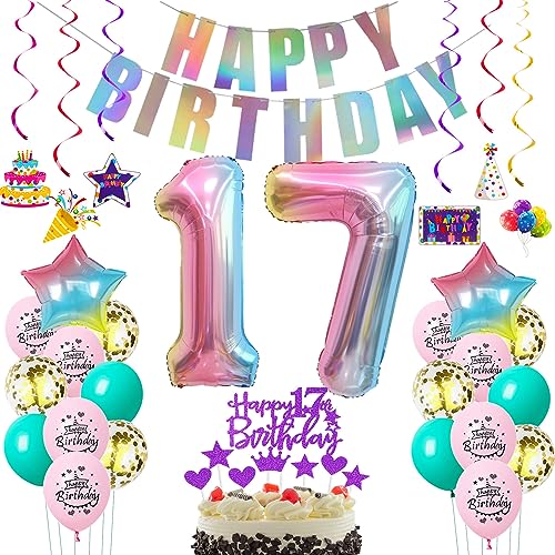 Deko 17. Geburtstag mädchen bunt,Geburtstagsdeko 17 jahre mädchen Rosa Luftballons 17 Geburtstag dekoration Regenbogen,Folienballon 17 Geburtstag deko mädchen Rosa Tortendeko 17 Geburtstag lila von Oumezon