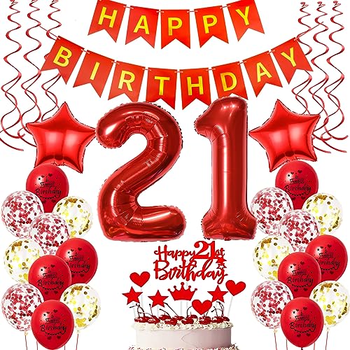 Deko 21. Geburtstag frauen Rot,Geburtstagsdeko 21 jahre frauen Luftballons 21 Geburtstag dekoration Rot,Folienballon 21 Geburtstag deko frauen Rot Tortendeko 21 Geburtstag frau deko rot von Oumezon