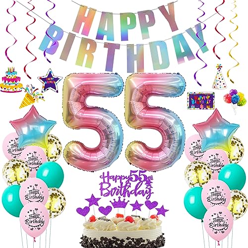 Deko 55. Geburtstag frauen bunt ,Geburtstagsdeko 55 jahre frauen Rosa Luftballons 55 Geburtstag dekoration Regenbogen,bunt Folienballon 55 Geburtstag deko frau Rosa Tortendeko 55 Geburtstag lila von Oumezon