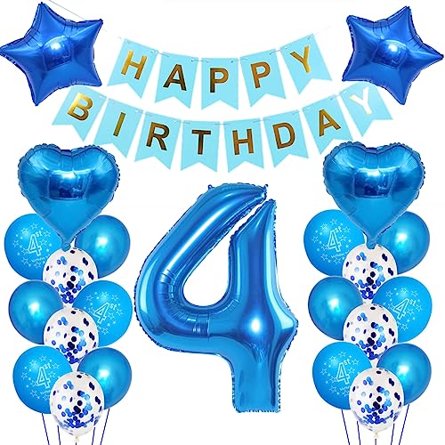 Kindergeburtstag Deko Jungen 4 Jahr ballon, 4. Geburtstag Dekorationen für Junge，Deko 4 Geburtstag ballon, 4 Geburtstag Deko Jungen Happy Birthday Banner Luftballons Blau Konfetti Helium Set … von Oumezon