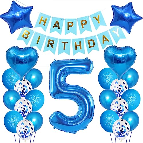 Kindergeburtstag Deko Jungen 5 Jahr - Geburtstag Dekorationen für Junge, Ballon, Happy Birthday Banner, Luftballons Blau, Konfetti, Helium Set Kindergeburtstag Deko Jungen 5 Jahr - Geburtstag Dekorationen für Junge, Ballon, Happy Birthday Banner, Luftballons Blau, Konfetti, Helium Set von Oumezon