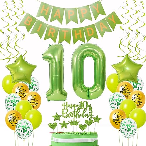 Luftballons 10. Geburtstag Deko Mädchen Junge Grün Gold, Geburtstagsdeko 10 Junge happy birthday 10 jahre Junge dekoration Grün Gold Tortendeko 10. Geburtstag Junge ballons 10 Geburtstag Junge von Oumezon