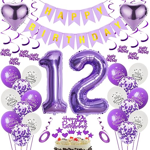 Luftballons 12. Geburtstag Dekoration Lila - Folienballon für Mädchen - Tortendeko für 12 Jahre Feier von Oumezon