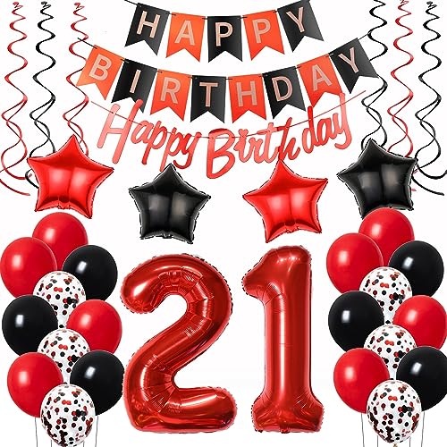 Luftballons 21. Geburtstag Deko Rot Schwarz - Happy Birthday Dekoration für Frauen - Ballons und Zubehör von Oumezon