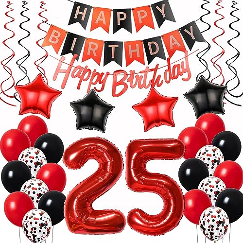 Luftballons 25. Geburtstag Deko Rot Schwarz - Happy Birthday Dekoration für Frauen Mit Ballons von Oumezon