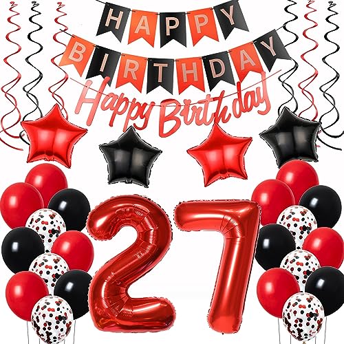 Luftballons 27. Geburtstag Deko Frauen Rot Schwarz, Geburtstagsdeko 27 jahre Frauen happy birthday 27 Frauen dekoration Rot deko 27. Geburtstag Frauen Schwarz ballons 27 Geburtstag Frauen von Oumezon