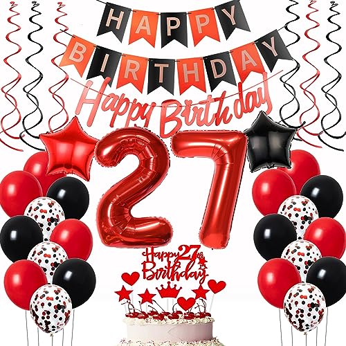 Luftballons 27. Geburtstag Frauen Rot Schwarz Dekoration, Ballon Deko Tortendeko 27 Jahre Frau Luftballon von Oumezon