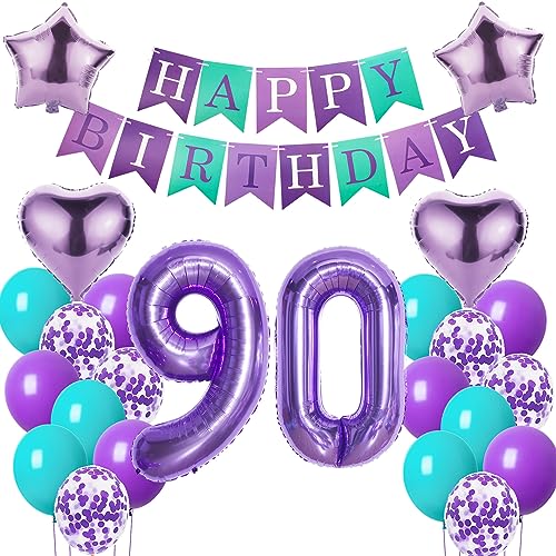Luftballons 90. Geburtstag Frauen Deko Lila - Happy Birthday Dekoration 90 Jahre - Folienballon Ballon Lila von Oumezon