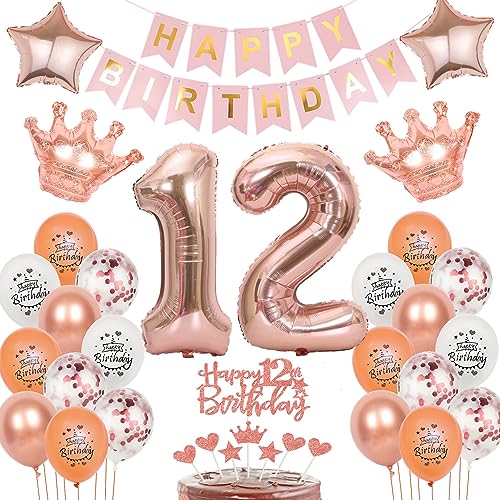 Oumezon 12. Geburtstag Mädchen Deko Set: Rosegold Tortendeko, Banner, Folien- & Latexballons, Konfetti, Herz & Stern Tortendeko, Ballonband von Oumezon
