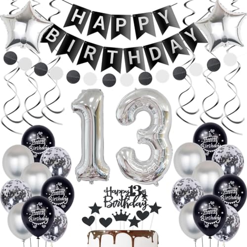 Silber 13. Geburtstag Dekoration Luftballon für Junge und Mädchen - Schwarz Ballon Deko Set mit Tortendeko von Oumezon