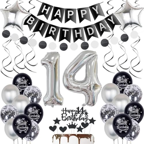 Silber 14. Geburtstag Dekoration Luftballon für Junge und Mädchen - Schwarz Ballon Deko Set mit Tortendeko Silber 14. Geburtstag Dekoration Luftballon für Junge und Mädchen - Schwarz Ballon Deko Set mit Tortendeko von Oumezon