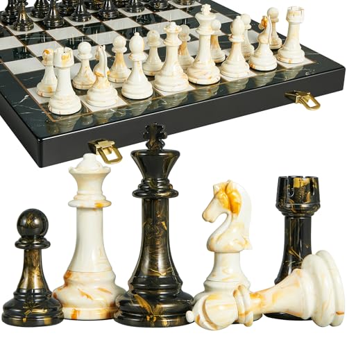 OUMODA 38,1 cm großes Schachset für Erwachsene, beschwerte Acryl-Steine, inklusive 2 extra Königinnen und 8,9 cm König mit Ledersockel, tragbares, faltbares Marmorier-Holz-Schachbrett – Reise von Oumoda