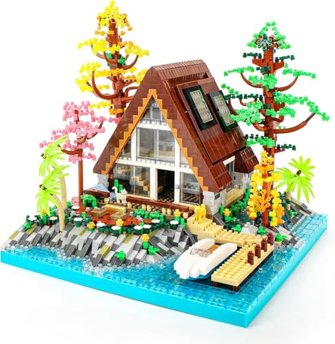 OundarM A-Frame Hütte am See Mikro-Bausteine Baukasten, Architektur-Set Holz-Waldhaus-Bauklötze-Set für Erwachsene und Jugendliche ab 14 Jahren, Nicht kompatibel mit Lgo (2688 Stck.) von OundarM