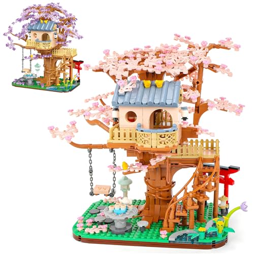 OundarM Kirschblütenhaus Bonsai-Baum Mini-Bausteine, japanischer Stil Rosa Botanische Sakura-Kollektion Baukasten für Kinder ab 6 Jahren, Erwachsene, Nicht kompatibel mit Lgo (1446 Teile) von OundarM