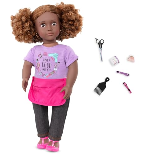 Our Generation BD31336Z Puppe Ashanti 46cm Puppe mit Stylistenschürze, Puppenzubehör und tolle Locken zum Frisieren – Kinder Spielzeug ab 3 Jahren - 45422 HCM Kinzel von Our Generation