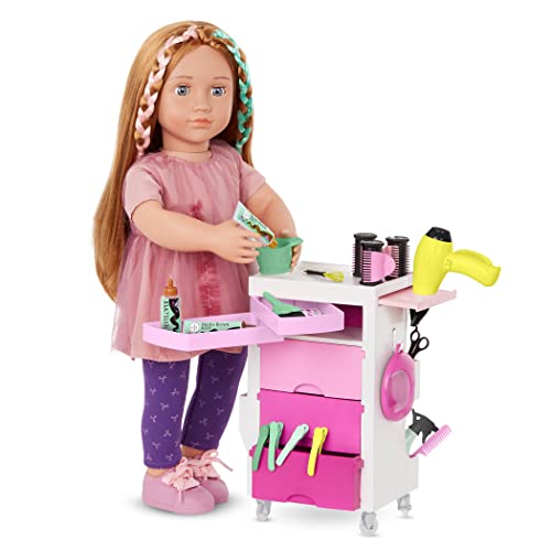Our Generation BD35158Z Frisierwagen weiß/pink - Spielset Friseur-Salon, mit Föhn, Kamm, Spiegel, Zubehör für Puppen – Kinder Spielzeug ab 3 Jahre - 45425 HCM Kinzel von Our Generation