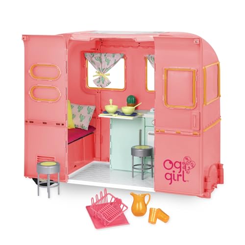 Our Generation – Campinganhänger – Küchen- und Kochzubehör – 46 cm Puppenfahrzeug – Fantasiespiel – Spielzeug für Kinder ab 3 Jahren – R.V. Seeing You Camper (Pink) von Our Generation