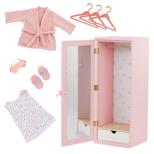 Our Generation Fashion Closet – Holz-Kleiderschrank für 46 cm Puppen – inkl. Spiegel, Schublade & Zubehör – Puppenschrank mit Outfits – Komplett montiert von Our Generation