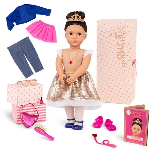 Our Generation Puppe Amora mit 3 Outfits – Bewegliche 46 cm Puppe mit Puppenkleidung, Kamm, Zubehör und Langen braunen Haaren zum Frisieren – Spielzeug ab 3 Jahren (19 Teile) von Our Generation