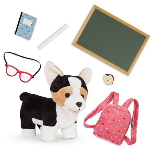 Our Generation Vorschulhund – 15 cm Plüschhund Pembroke Welsh Corgi mit Zubehör – Schultasche, Brille, Apfel, Notizbuch, Kreidetafel und Kreide – Interaktives Spielzeug für Kinder ab 3 Jahren von Our Generation