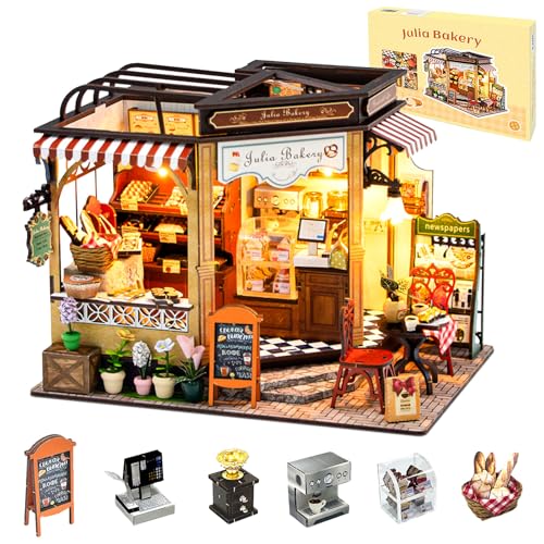 OurMiao Miniatur Haus Kit Julia Bakery, DIY Mini Puppenhaus Bauset mit LED-Lichtern Möbel, Miniatur Puppenhaus Kit Holzhandwerk für Erwachsene Teens Geschenke OurMiao Miniatur Haus Kit Julia Bakery, DIY Mini Puppenhaus Bauset mit LED-Lichtern Möbel, Miniatur Puppenhaus Kit Holzhandwerk für Erwachsene Teens Geschenke von OurMiao