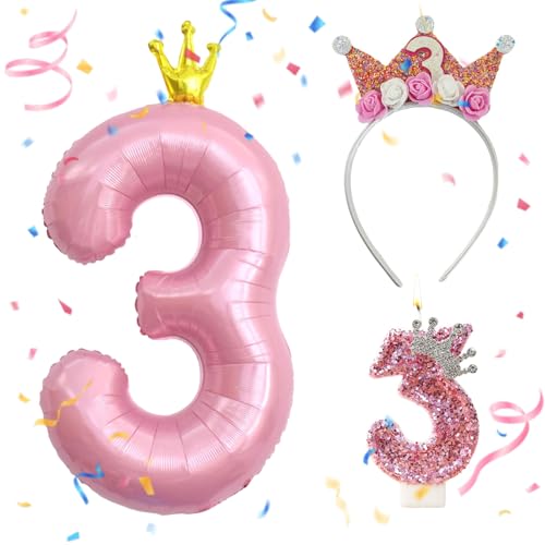 Geburtstagsdeko Mädchen 3 Jahre,3 Jahr Geburtstagskrone,Luftballon 3 Rosa,Kerze 3 Geburtstag Mädchen,für mädchen Geburtstag Party Dekoration Jahrestag Dekorationen,Geschenk madchen 3 Jahre von Ourdort