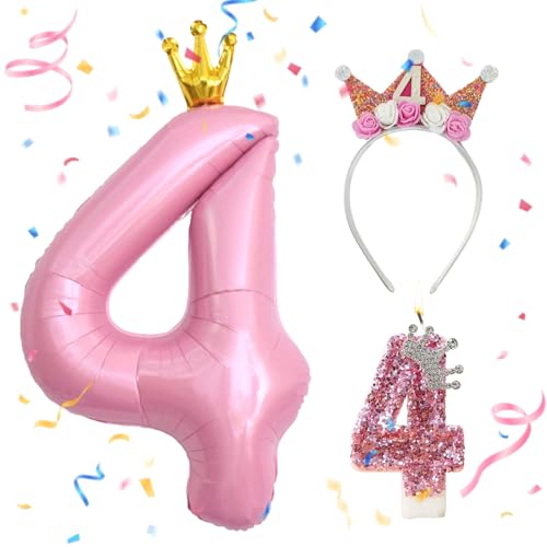 Luftballon 4 Rosa,4 Jahr Geburtstagskrone,kerze 4 Geburtstag Mädchen,3 Stück Geburtstagsdeko Mädchen 4 Jahre,für mädchen Geburtstag Party Dekoration Jahrestag Dekorationen,Geschenk Madchen 4 Jahre von Ourdort