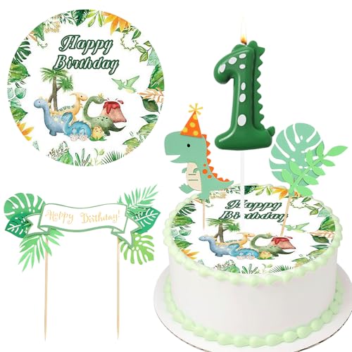 Dinosaurier Tortendeko Essbar Junge 5 Stück, Tortenaufleger Dino mit Dino Geburtstagskerzen Zahlen 1 und dino Cake Topper, dino Geburtstag Deko 1 Jahre, Junge Geburtstag Deko von Ourdort