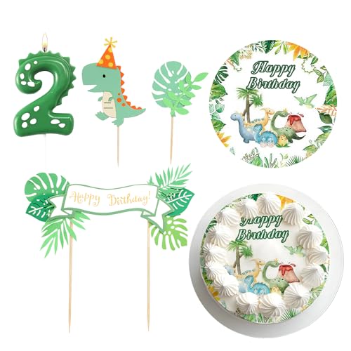 Dinosaurier Tortendeko Essbar Junge 5 Stück, Tortenaufleger Dino mit Dino Geburtstagskerzen Zahlen 2 und dino Cake Topper, dino Geburtstag Deko 2 Jahre, Junge Geburtstag Deko von Ourdort