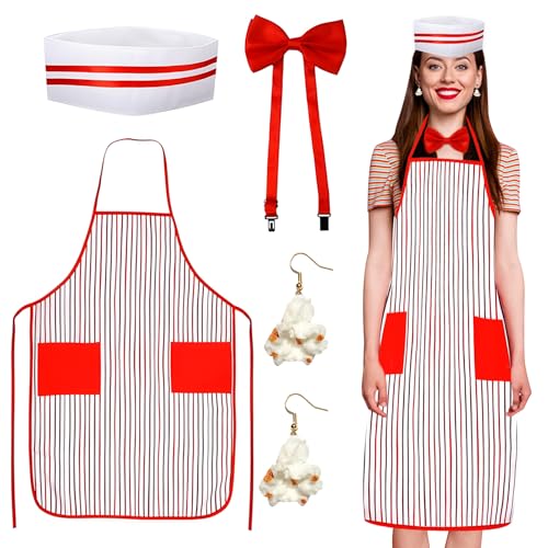 Ourdort 4 PCS Popcorn Kostüm, Kellner Kostüm im 50er Jahre Stil, Schürze Kochmütze Fliege Und Popcorn-Ohrringe Set,Karneval Zirkus Cosplay Party Ourdort 4 PCS Popcorn Kostüm, Kellner Kostüm im 50er Jahre Stil, Schürze Kochmütze Fliege Und Popcorn-Ohrringe Set,Karneval Zirkus Cosplay Party von Ourdort