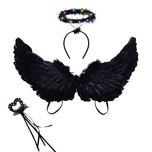 Ourdort 60CM Engel Flügel,Engel Kostüm Damen mit Leuchtende Heiligenschein und Zauberstab,Schwarz Flügel Mädchen,Federflügel Engel,Engelsflügel Schwarz,Engels Flügel Kostüm für Cosplay Party Deko Ourdort 60CM Engel Flügel,Engel Kostüm Damen mit Leuchtende Heiligenschein und Zauberstab,Schwarz Flügel Mädchen,Federflügel Engel,Engelsflügel Schwarz,Engels Flügel Kostüm für Cosplay Party Deko von Ourdort